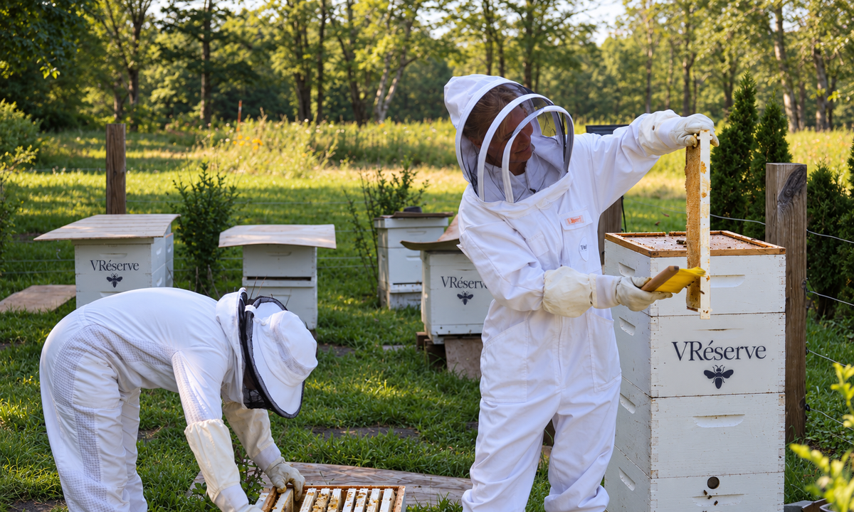Two people in white beekeeping suits with face shields tend to white beehives in an outdoor apiary with trees in the background. One suit has 'VRésserve' printed on it.