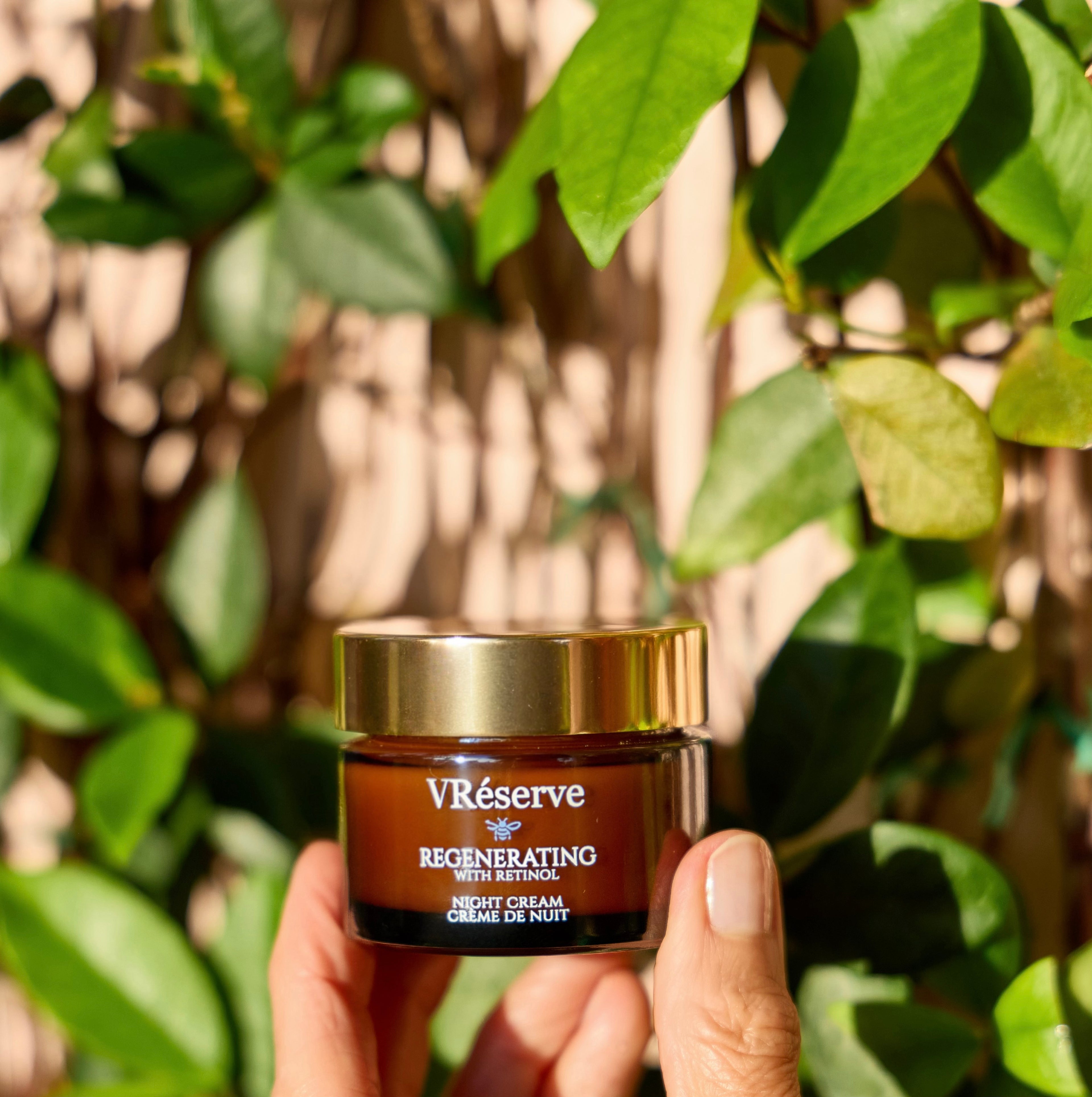 VReserve Night Cream with retinol cream held in front of climbing vines on wall